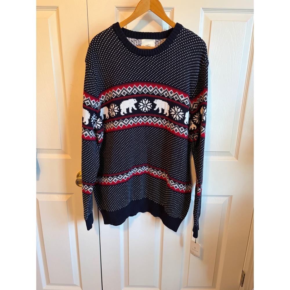 Aspen Men XL Fair Isle Polar Bear Cotton Sweater Navy Blue Red White NWT